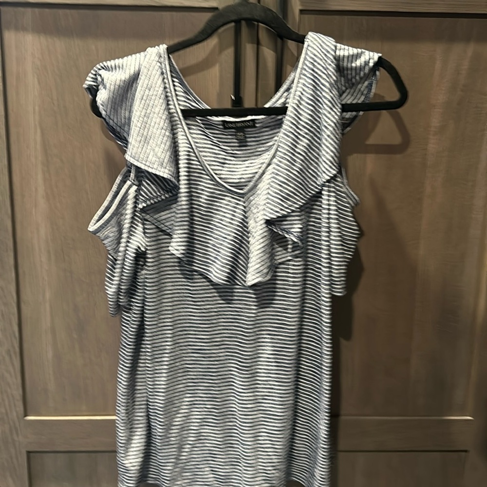 Navy and Gray striped off the shoulder blouse, size 14/16